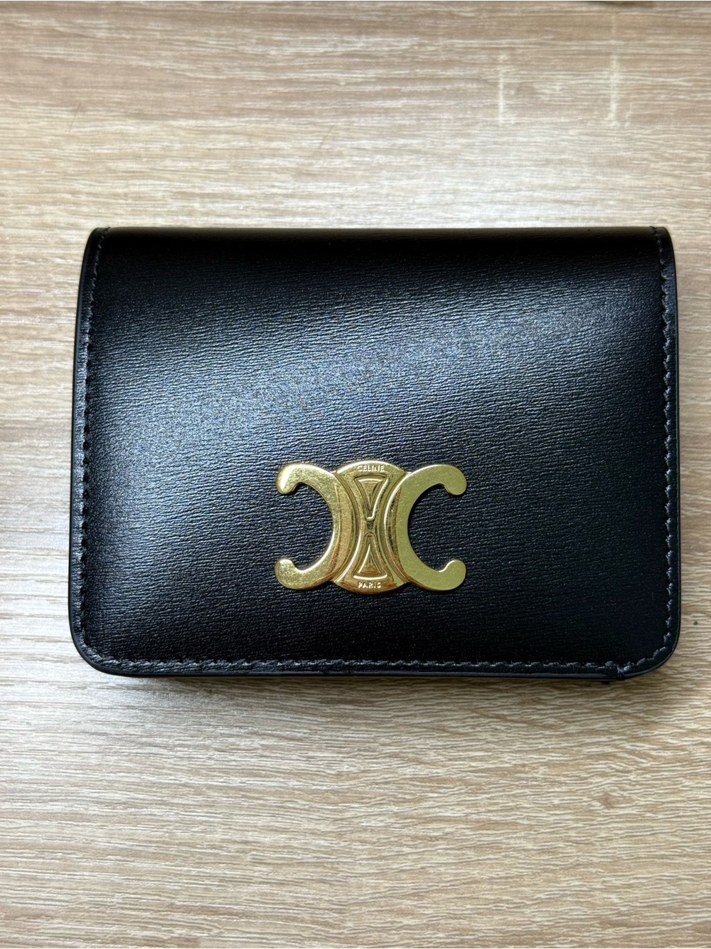 CELINE Triomphe Compact Wallet in Black Shiny Calfskin